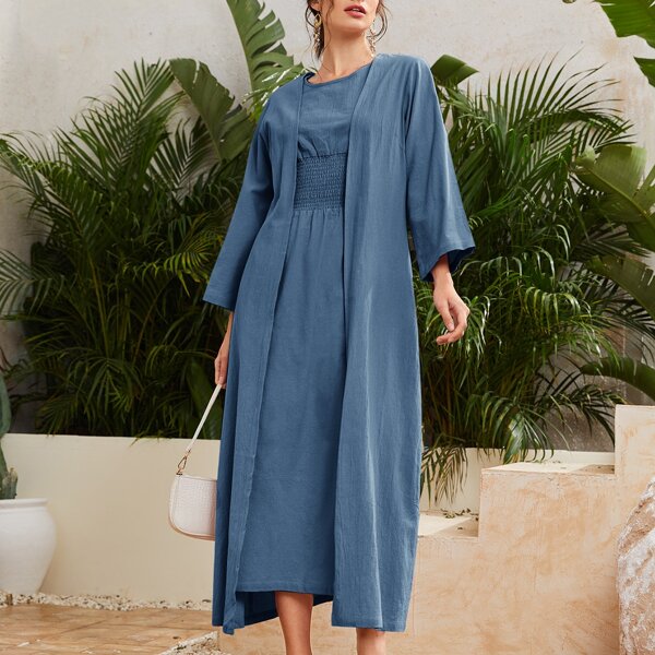 

Shirred Waist Cami Dress & Coat, Blue