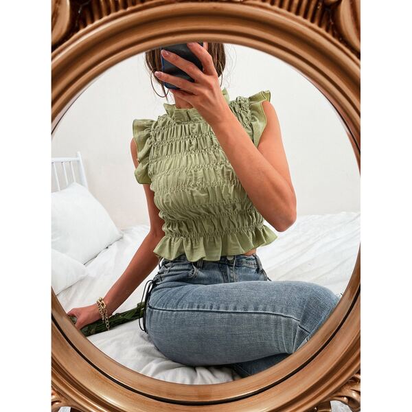 

Ruffle Hem Shirred Top, Lime green