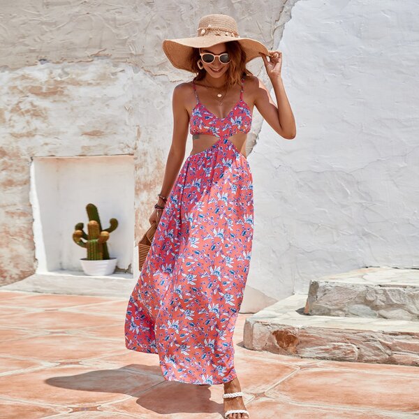 

Floral Print Backless Cami Dress, Watermelon pink