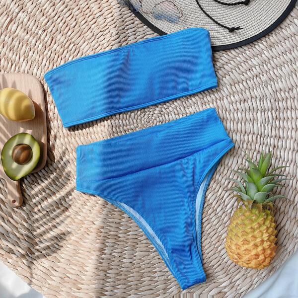 

Rib Bandeau High Waisted Bikini Swimsuit, Blue
