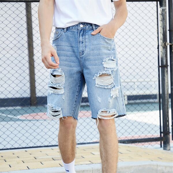 

Men Raw Hem Ripped Denim Shorts, Light wash