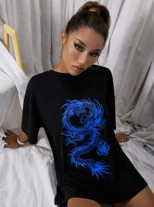StreetHx Chinese Dragon Graphic Oversized Longline Tee - Black - View 3