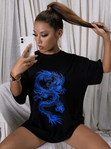 StreetHx Chinese Dragon Graphic Oversized Longline Tee - Black - View 7