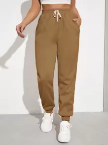 SHEIN EZwear Solid Drawstring Waist Slant Pocket Joggers - Khaki - View 1
