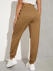 SHEIN EZwear Solid Drawstring Waist Slant Pocket Joggers - Khaki - View 2