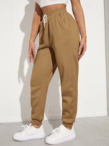 SHEIN EZwear Solid Drawstring Waist Slant Pocket Joggers - Khaki - View 3