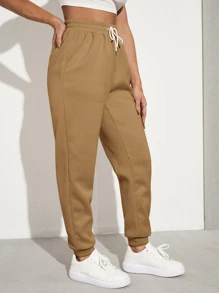 SHEIN EZwear Solid Drawstring Waist Slant Pocket Joggers - Khaki - View 4