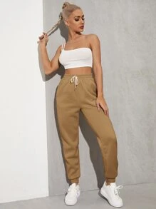 SHEIN EZwear Solid Drawstring Waist Slant Pocket Joggers - Khaki - View 5