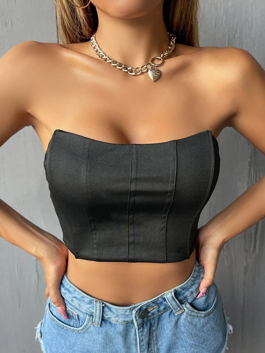 SHEIN Privé Solid Crop Tube Top - Black - View 1