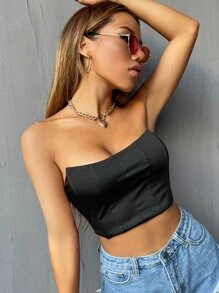 SHEIN Privé Solid Crop Tube Top - Black - View 3