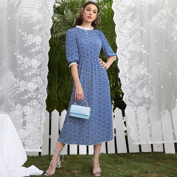 

Ditsy Floral Frill Neck Puff Sleeve A-line Dress, Blue