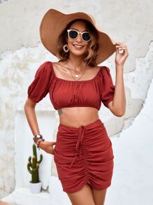 SHEIN VCAY 抽褶泡泡袖短版上衣和抽繩後拉鏈半身裙套裝 - 玫瑰紅 - 查看 1