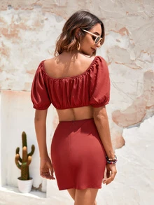 SHEIN VCAY 抽褶泡泡袖短版上衣和抽繩後拉鏈半身裙套裝 - 玫瑰紅 - 查看 2