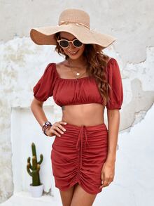 SHEIN VCAY 抽褶泡泡袖短版上衣和抽繩後拉鏈半身裙套裝 - 玫瑰紅 - 查看 3