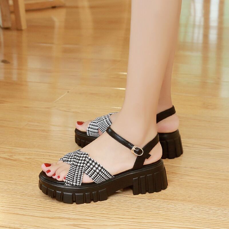 

Houndstooth Strap Sandals, Black