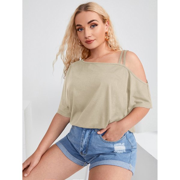 

Plus Asymmetrical Neck Solid Tee, Apricot