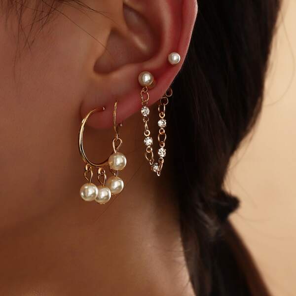 

4pcs Faux Pearl Decor Earrings, Gold
