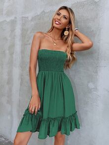 SHEIN VCAY 荷葉邊下擺打褶上身素色抹胸連衣裙 - 綠色 - 查看 5