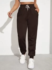 SHEIN EZwear Solid Drawstring Waist Slant Pocket Joggers - Chocolate Brown - View 1