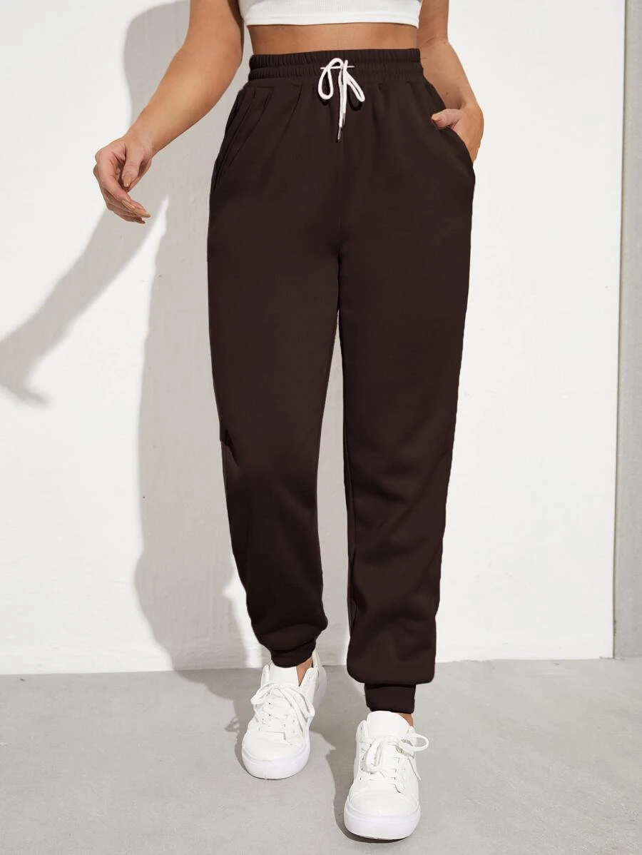 SHEIN EZwear Solid Drawstring Waist Slant Pocket Joggers - Chocolate Brown - View 1