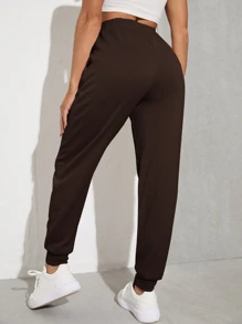 SHEIN EZwear Solid Drawstring Waist Slant Pocket Joggers - Chocolate Brown - View 2
