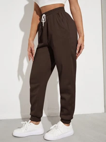 SHEIN EZwear Solid Drawstring Waist Slant Pocket Joggers - Chocolate Brown - View 3