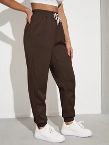 SHEIN EZwear Solid Drawstring Waist Slant Pocket Joggers - Chocolate Brown - View 4