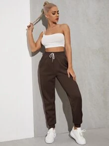 SHEIN EZwear Solid Drawstring Waist Slant Pocket Joggers - Chocolate Brown - View 5