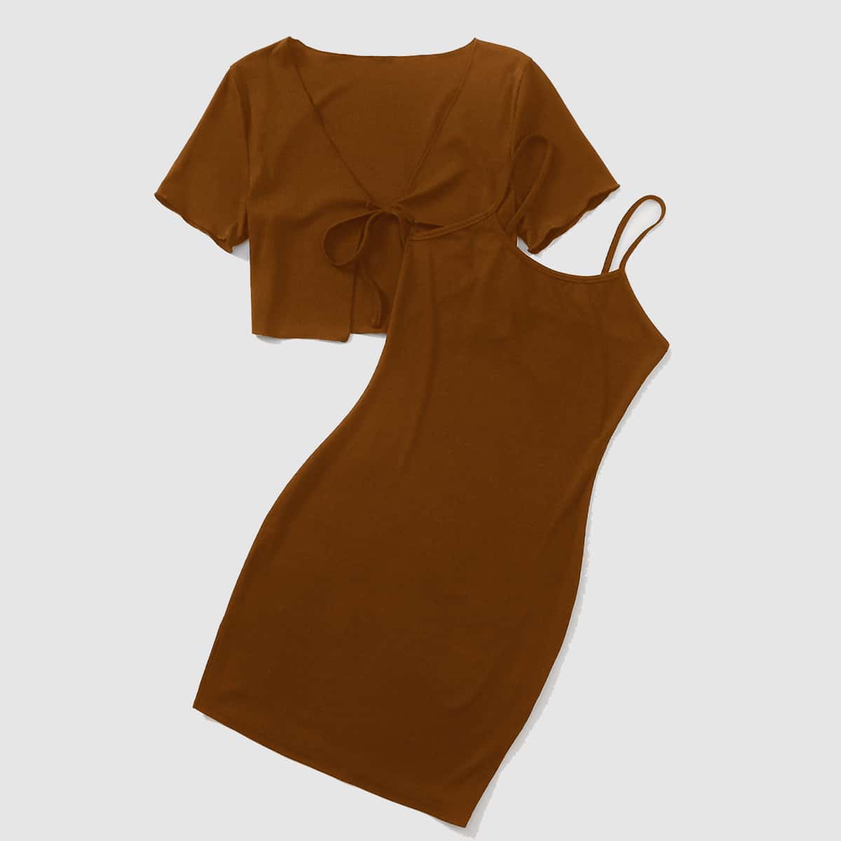 

Solid Tie Front Top & Cami Dress, Coffee brown