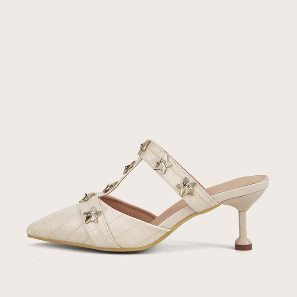 

Metal Star Decor Croc Embossed Heeled Mules, Beige