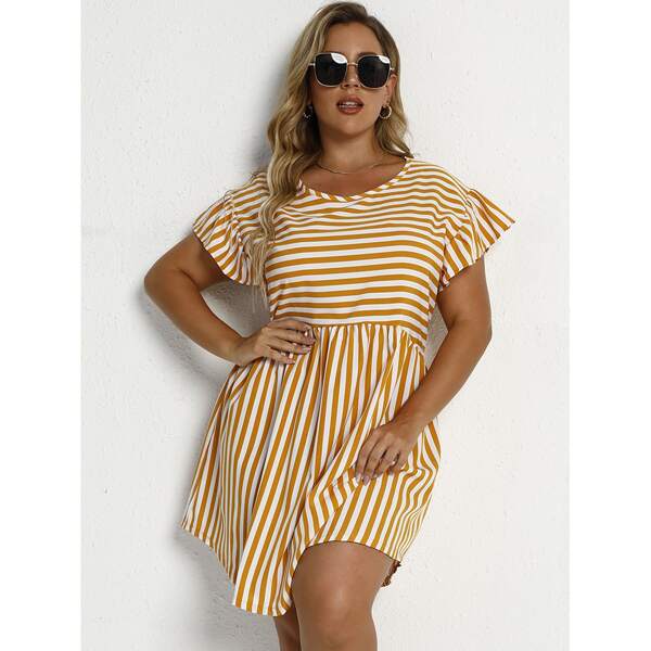 

Plus Striped Print Butterfly Sleeve Smock Dress, Mustard yellow