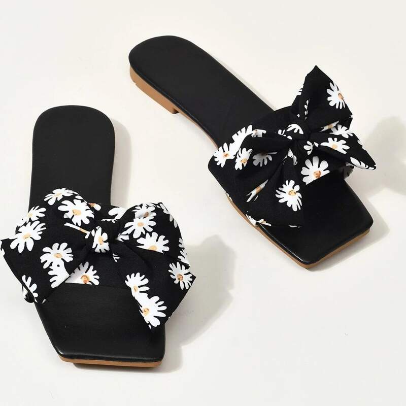 

Floral Print Bow Decor Slide Sandals, Black