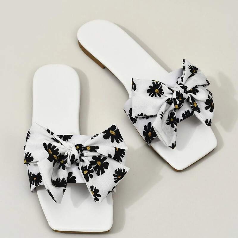 

Floral Print Bow Decor Slide Sandals, White