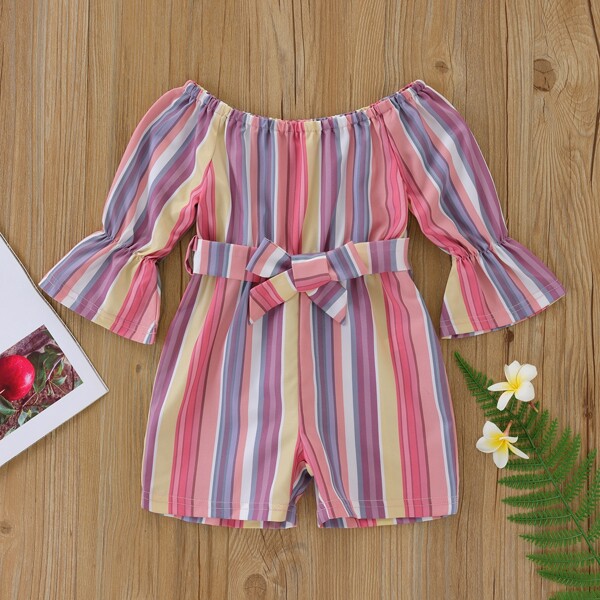 

Baby Girl Striped Bardot Flounce Sleeve Belted Romper, Multicolor