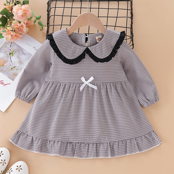 

Baby Plaid Bow Doll Collar Dress, Grey