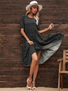 Polka Dot A Line Dress - Black - View 5