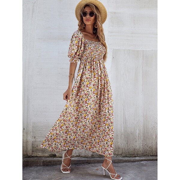 

Floral Print Shirred Puff Sleeve Dress, Multicolor