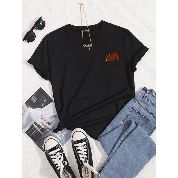 

Cartoon Graphic Round Neck Tee, Black