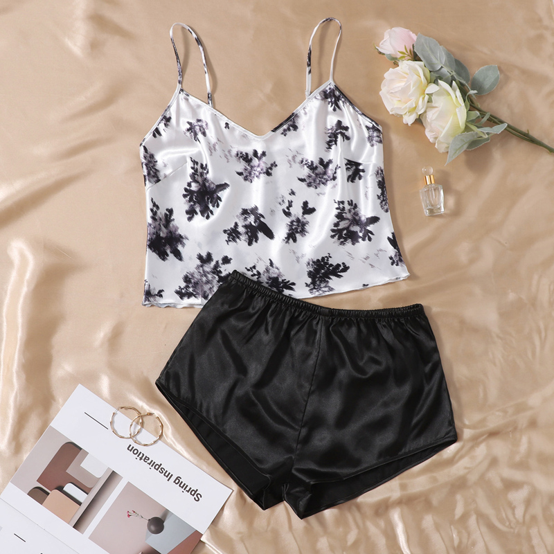 

Satin Floral Print Cami Night Set, Black and white