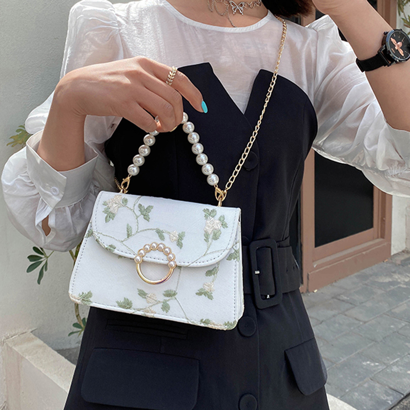 

Floral Embroidery Chain Satchel Bag, White