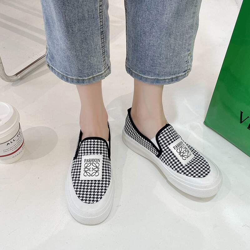 

Houndstooth & Letter Graphic Canvas Shoes, Grey