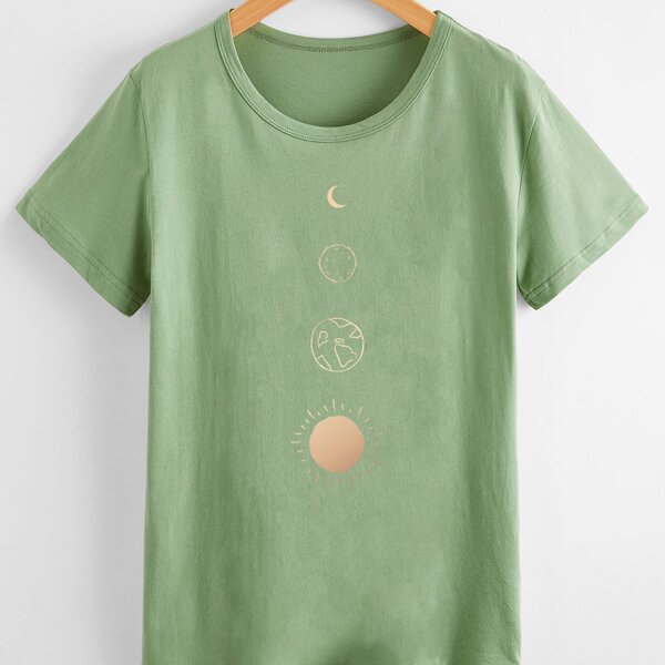 

Plus Graphic Print Crew Neck Tee, Olive green
