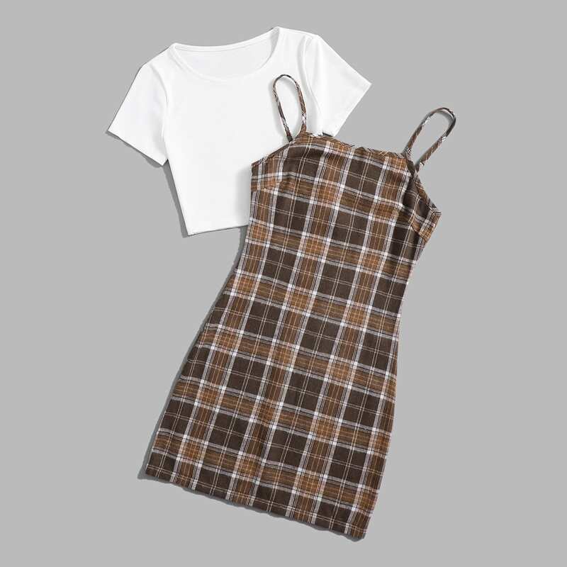 

Solid Ribbed Tee & Plaid Cami Dress, Multicolor