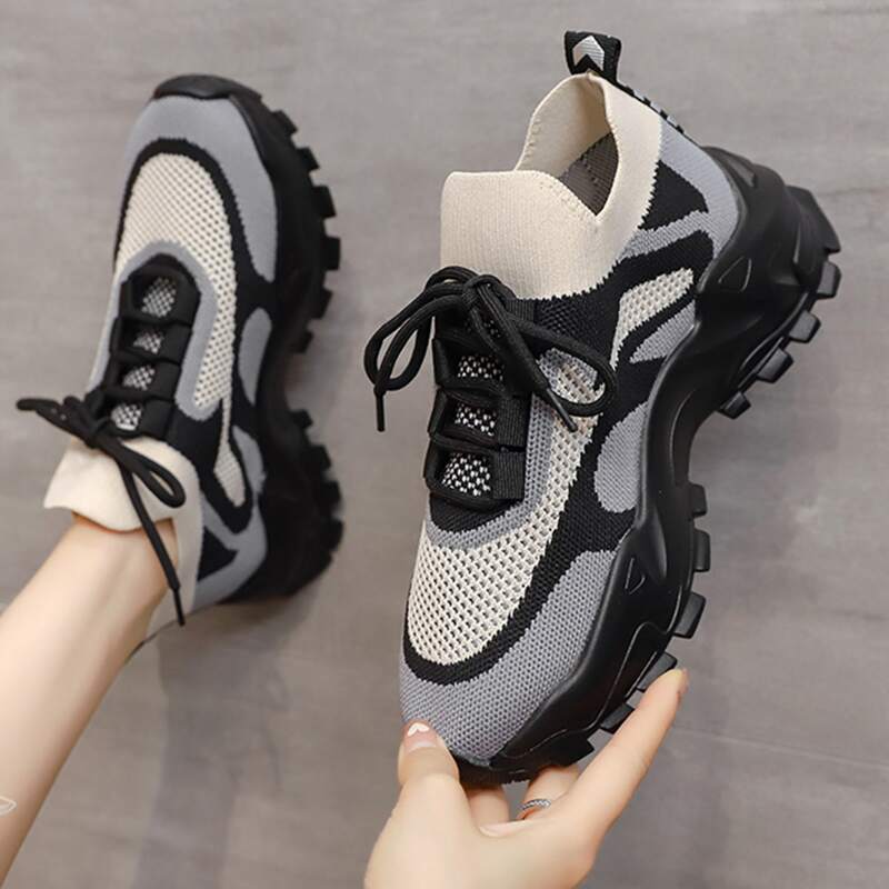 

Lace-up Front Mesh Panel Chunky Sneakers, Black