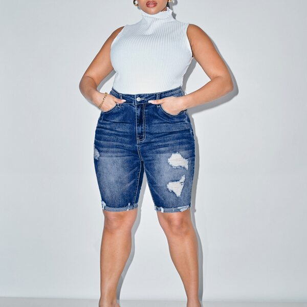 

Plus High Waist Ripped Biker Denim Shorts, Medium wash