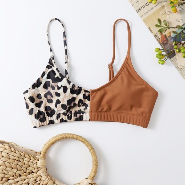 

Contrast Leopard Bikini Top, Brown