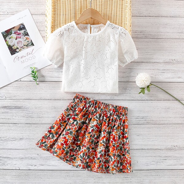 

Toddler Girls Embroidery Eyelet Top & Floral Skirt, Multicolor