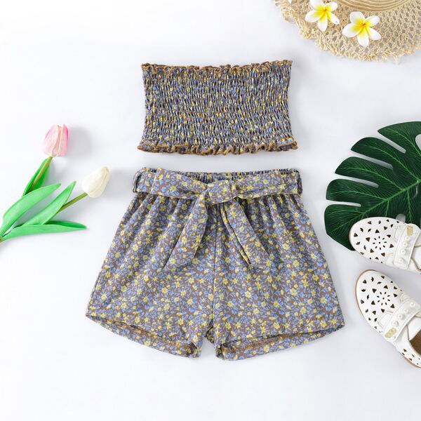 

Toddler Girls Ditsy Floral Shirred Tube Top & Belted Shorts, Multicolor