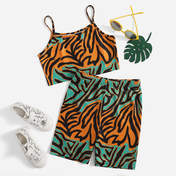 

Girls Allover Print Colorblock Crop Cami Top & Biker Shorts Set, Multicolor