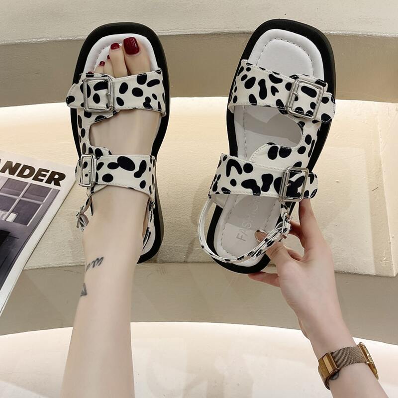 

Dalmatian Spot Print Buckle Decor Slingback Sandals, Beige
